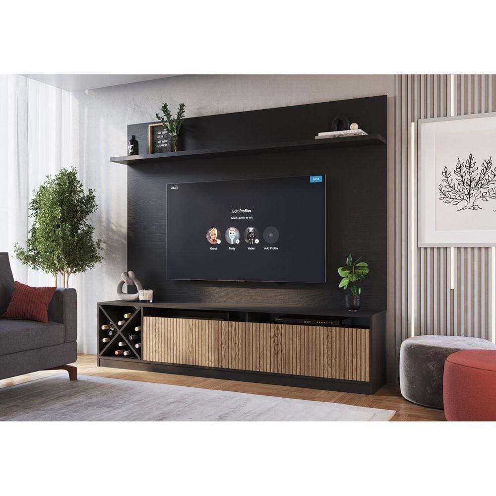 Rack com Impressão Ripada e Painel para TV até 50 Polegadas 2 Portas Adega Roma Quiditá Preto/Brise