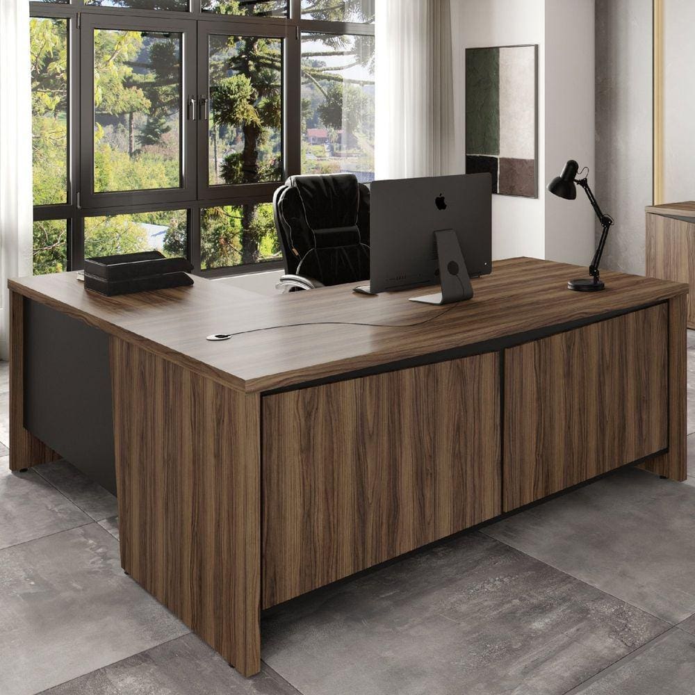 Mesa para Escritório em L 180x190cm 2 Portas 3 Gavetas Y37 Artany Nogal/Preto