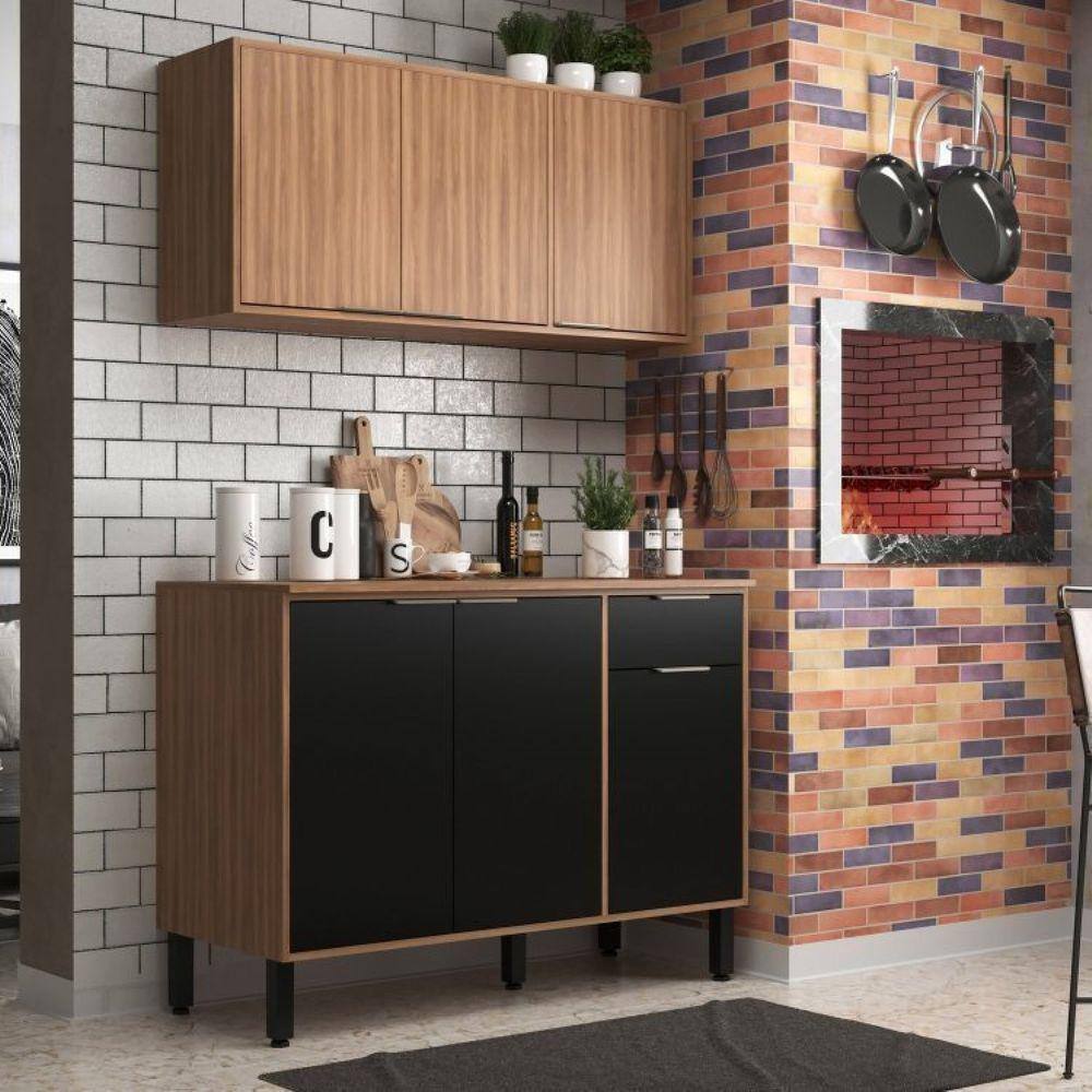 Cozinha Modulada 2 Peças 6 Portas 1 Gaveta Thalita Moveis Sul Nogal Manchester/Preto