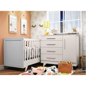 Quarto de Bebê com Berço 2 em 1 e Cômoda 100% MDF Retrô Kakau Espresso Móveis Branco Brilho