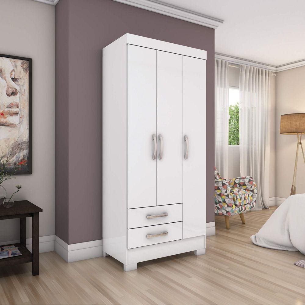 Guarda-Roupa 3 Portas 2 Gavetas Briz Branco/Branco/Rosa