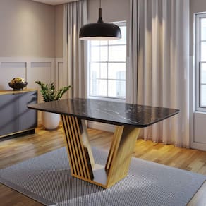 Mesa de Jantar Tampo Marmorizado Preto com Vidro 6 Lugares Ibiza Yescasa Noce Milano/Grigio