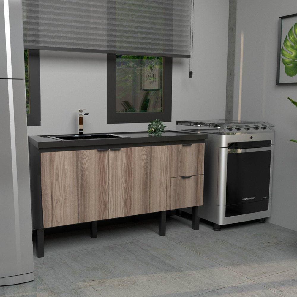 Balcão de Cozinha para Pia 150cm 3 Portas 2 Gavetas Cozimax Tamarindo/Preto
