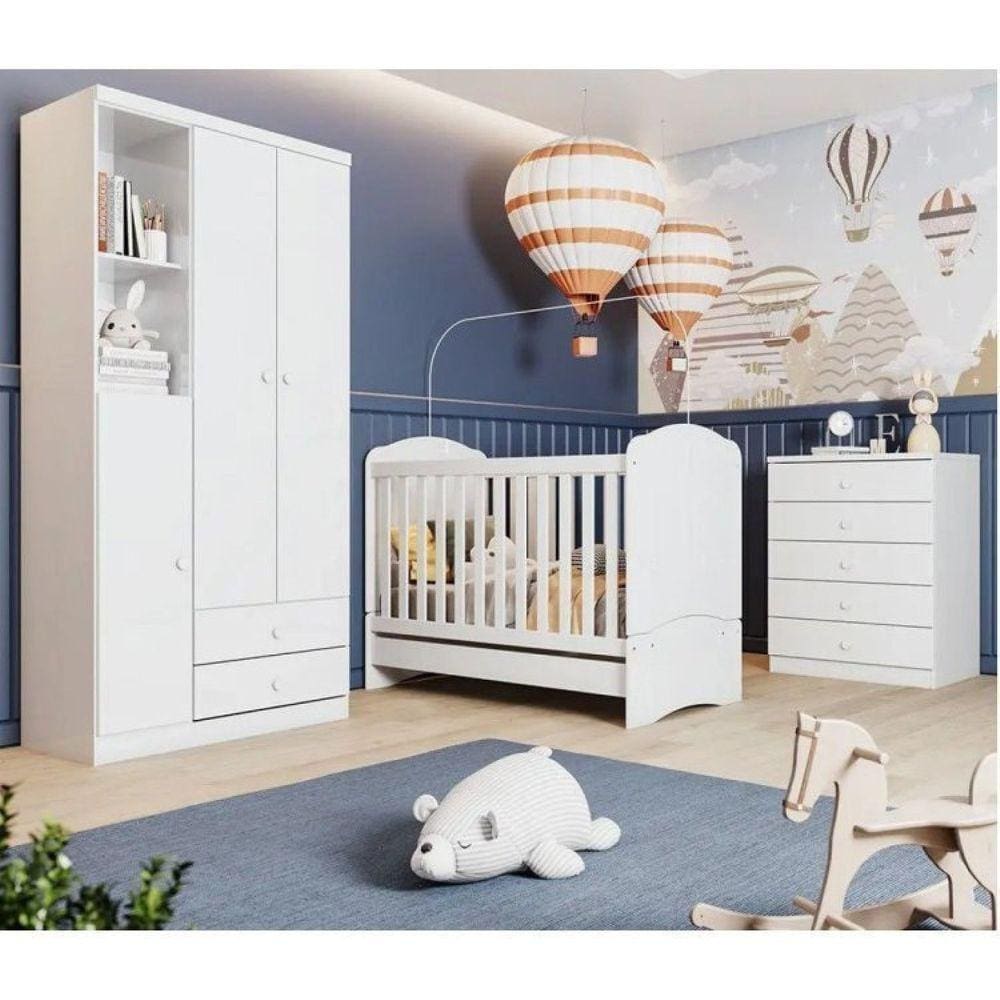 Quarto de Bebê com 1 Guarda Roupa 1 Cômoda e Berço 3 em 1 Abracadabra Espresso Móveis Branco