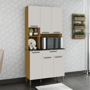 Cozinha Compacta com 6 Portas 1 Gaveta e Espaço para Micro-ondas 100% Mdf San Marino Espresso Móveis Amêndoa/Off White