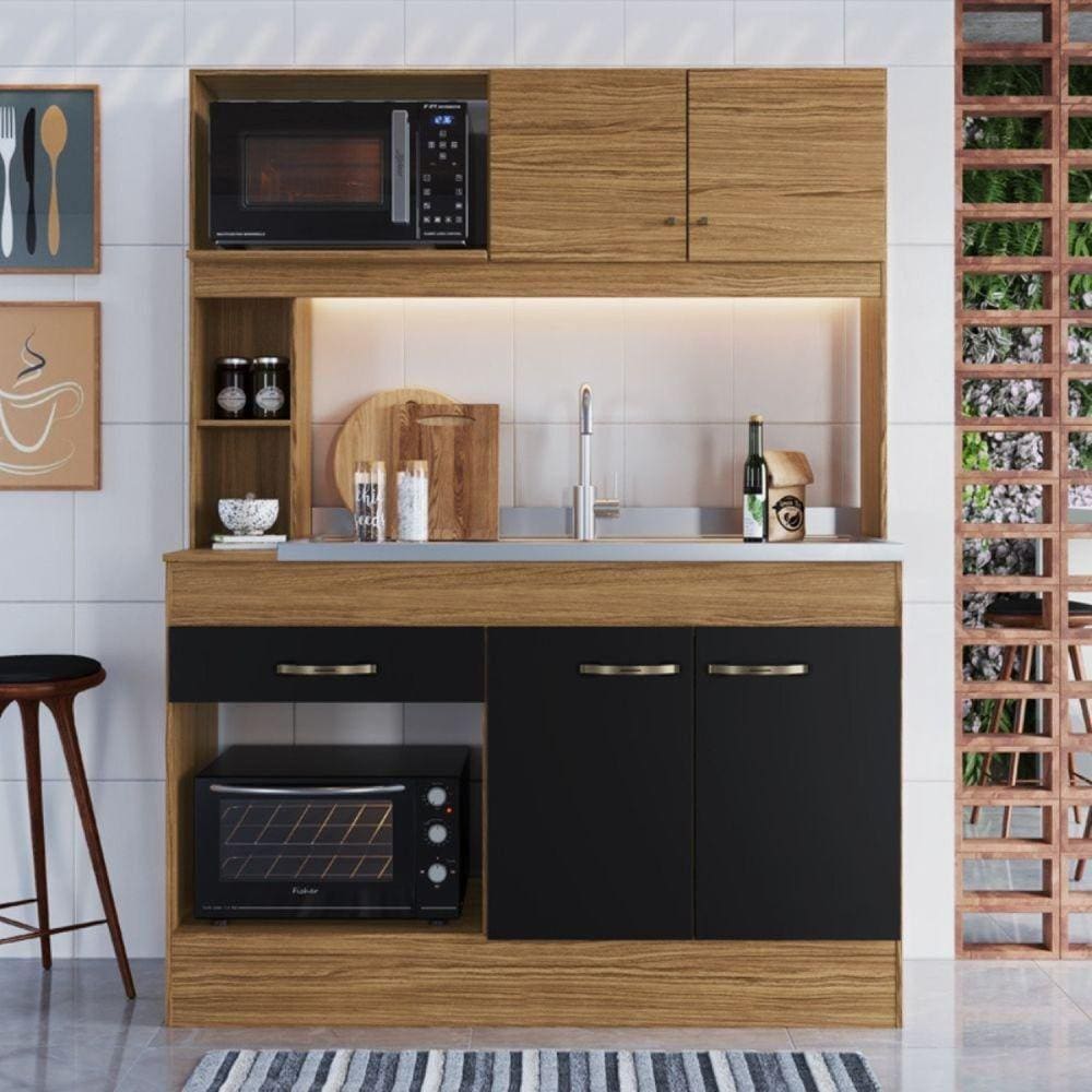 Cozinha Compacta 4 Portas 1 Gaveta 2 Nichos para Forno Zeta Decibal Marromlle/Preto