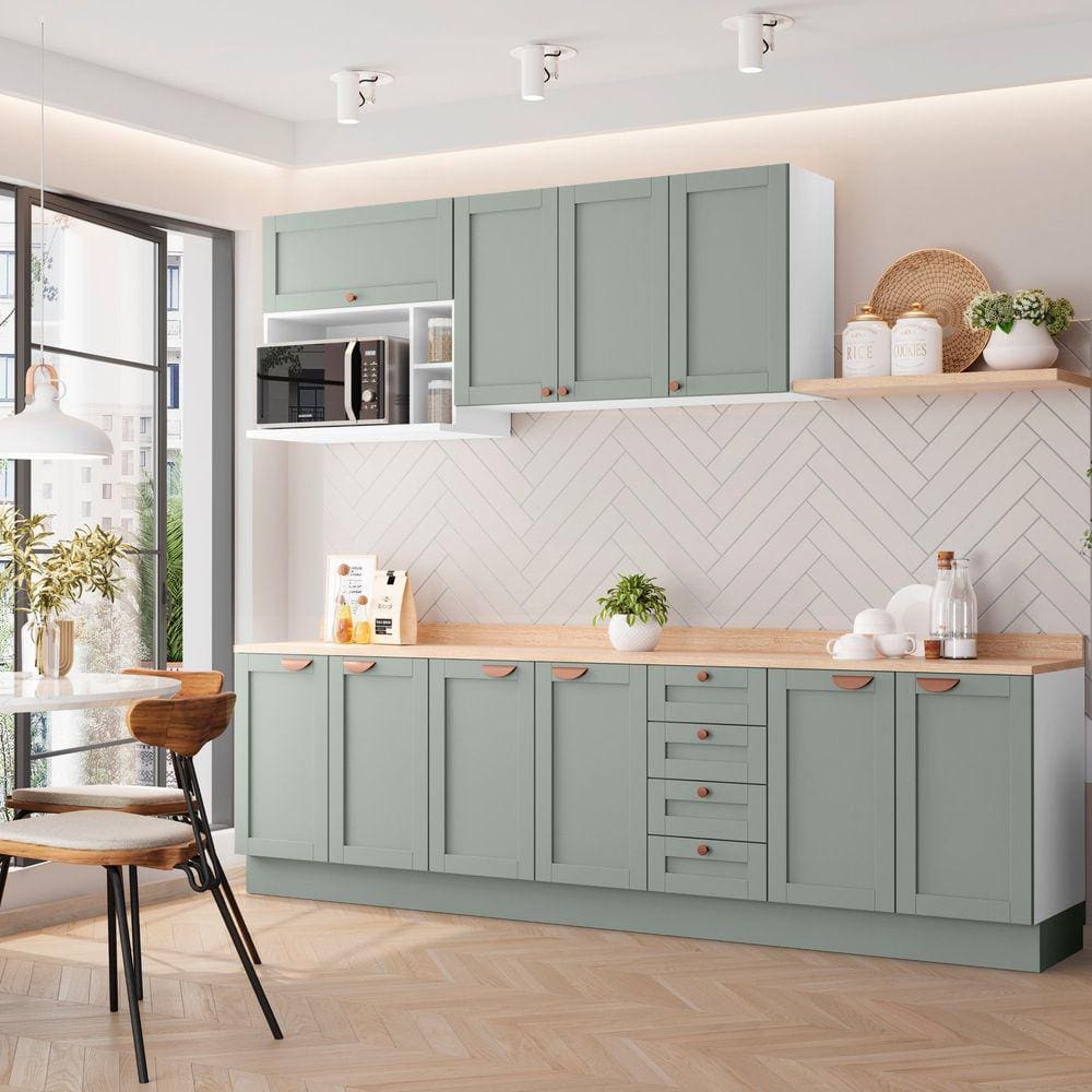 Cozinha Modulada 6 Peças com Tampo 3 Aéreos 3 Balcões Arizona CabeCasa MadeiraMadeira Branco/Menta