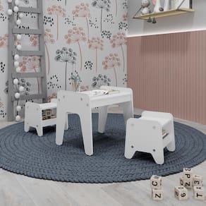 Conjunto Infantil 3 Peças 1 Mesa com 2 Banquinhos Branco