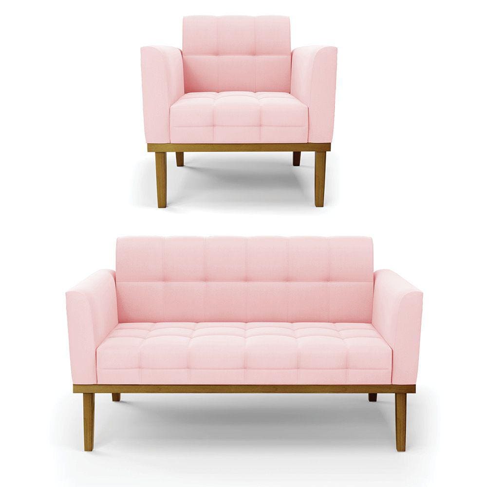 Namoradeira com Poltrona Base de Madeira Castanho Elisa Suede Rosa Bebê D03 - D`Rossi