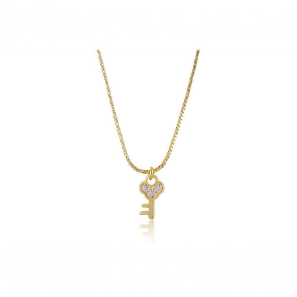 Colar Com Pingente Pequeno De Chave Folheado Em Ouro 18k [f027]
