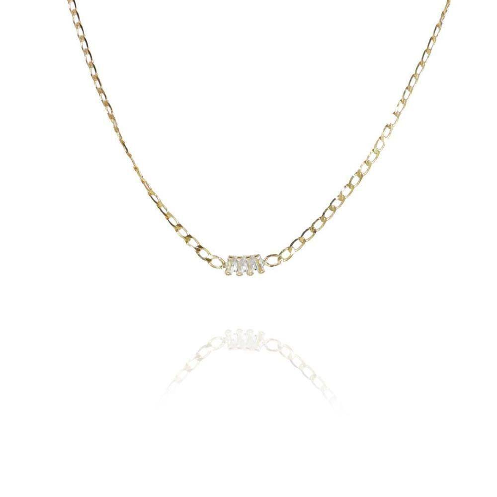 Choker De Corrente Chapada Com Zircônias Ao Centro Folheado A Ouro 18k [f027]