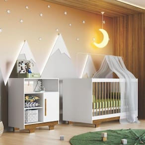 Quarto de Bebê 100% MDF com Berço Minicama e Cômoda Flocos Branco/Ypê