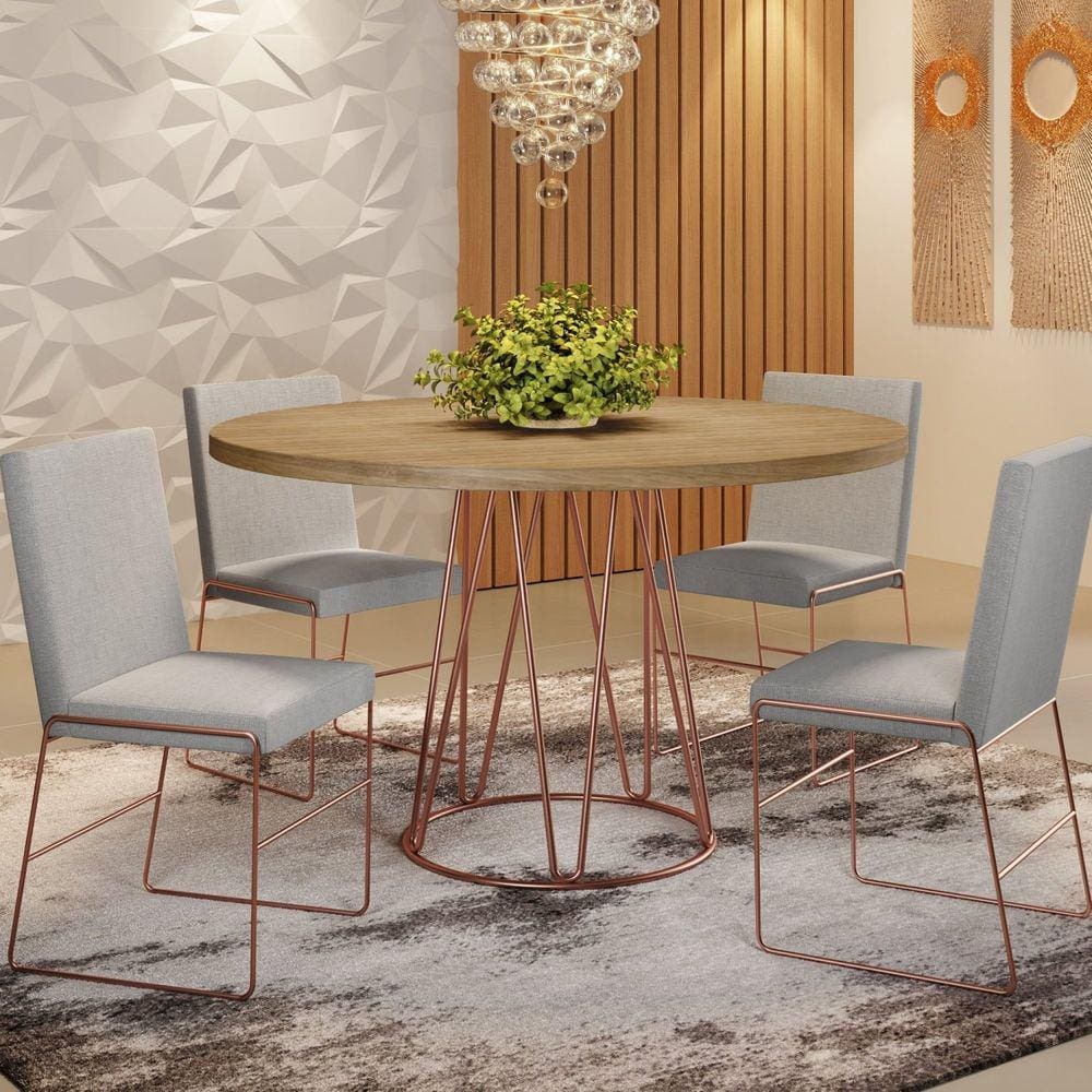 Conjunto Sala de Jantar Mesa 110cm MDF/BP e 4 Cadeiras Dubai Mais Decor Linho Cinza Claro/Cobre/Siena