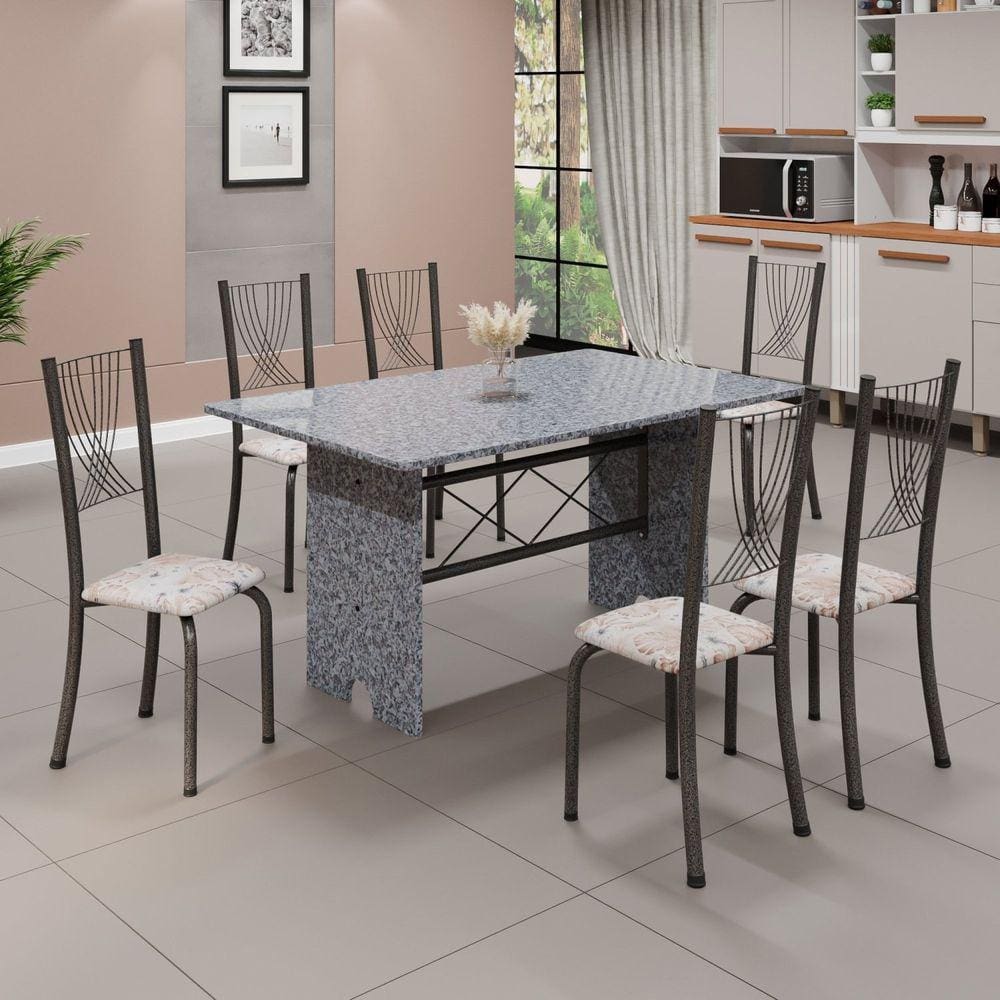 Conjunto de Mesa Tampo de Granito Ocre com 6 Cadeiras Lorena Yescasa Botanic Bege/Mart Prata