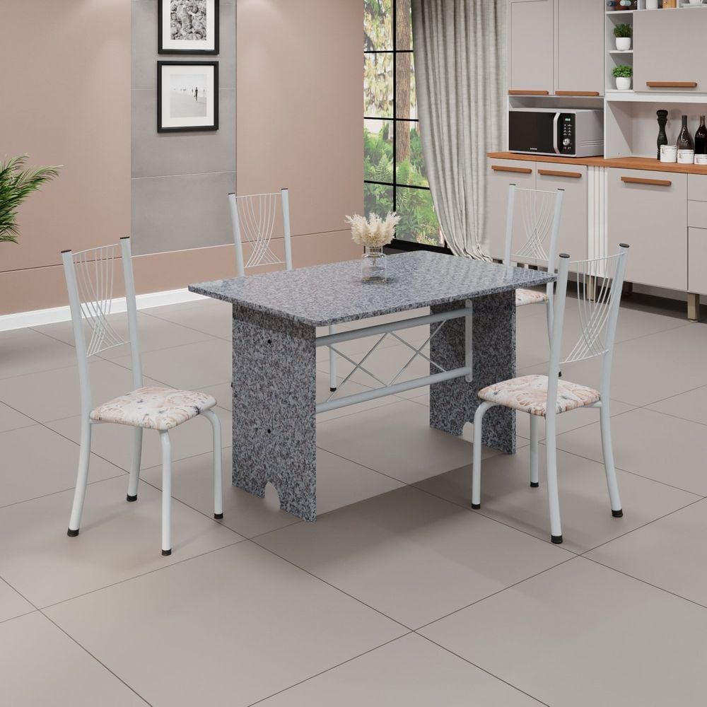 Conjunto de Mesa Tampo de Granito Ocre com 4 Cadeiras Lorena Botanic Bege/Branco