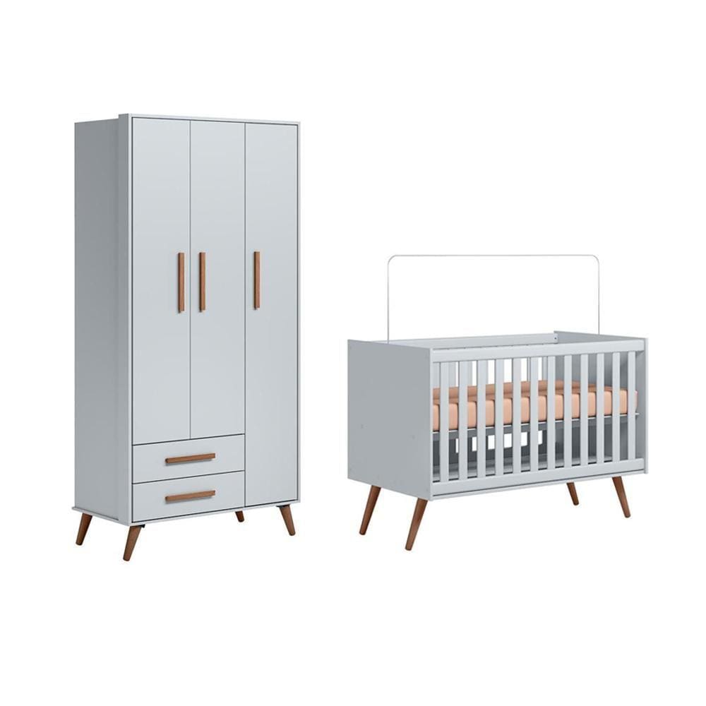 Quarto Infantil Encanto Retrô com Berço e Guarda Roupa 3 Portas Cinza - FdECOR