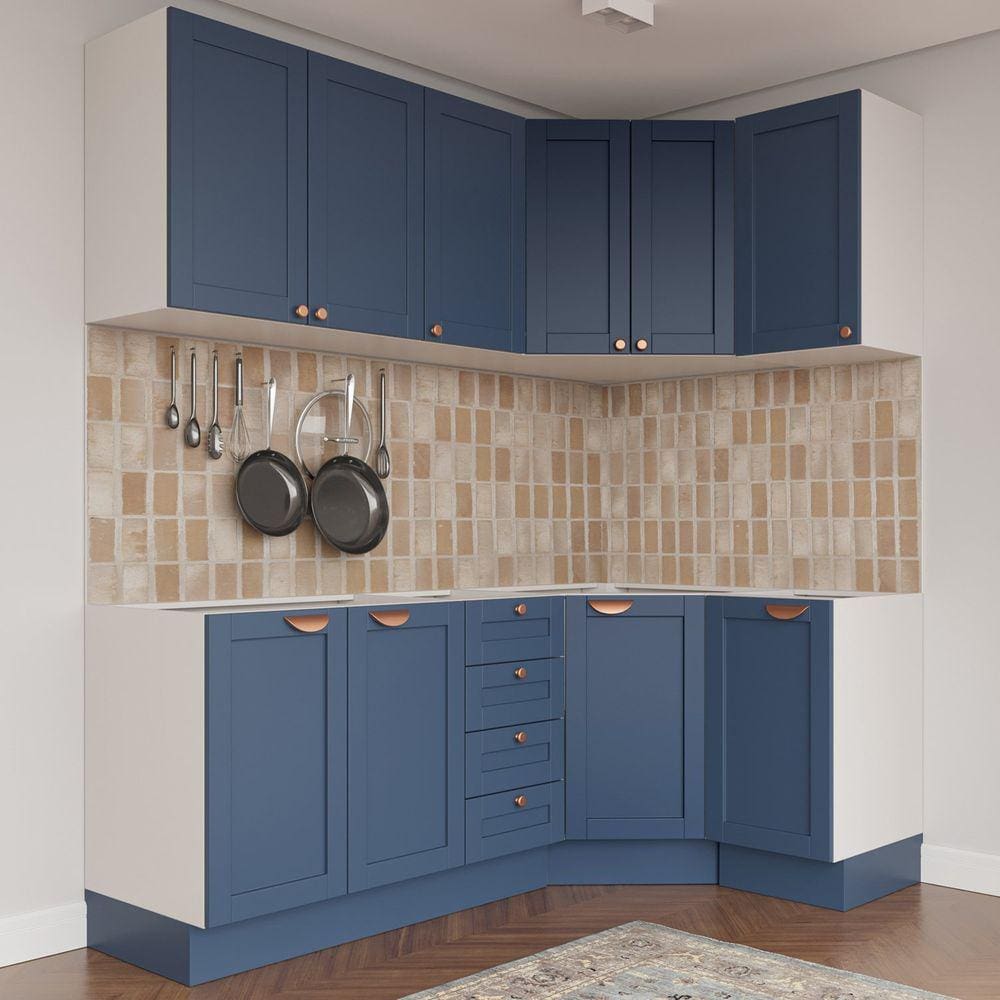 Cozinha Modulada 6 Peças com Tampo 3 Aéreos 6 Portas e 3 Balcões Arizona CabeCasa MadeiraMadeira Branco/Azul