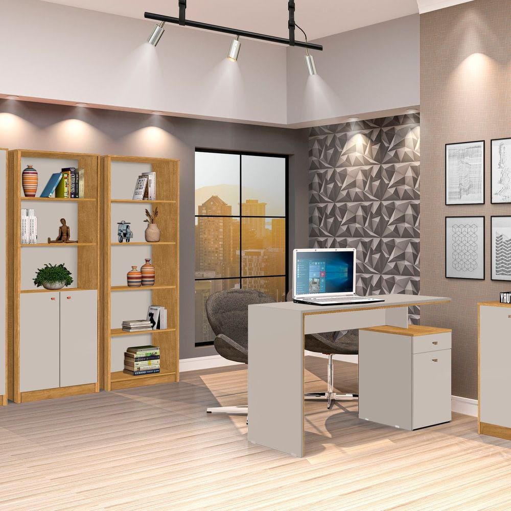 Conjunto Home Office 5 Peças 1 Escrivaninha 120cm 1 Balcão 2 Estantes 1 Armário J&A Móveis Marrom/Off White