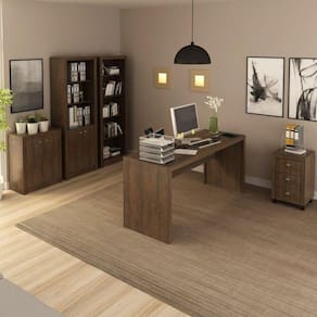Conjunto Home Office 5 Peças com 1 Mesa 1 Balcão 1 Armário 1 Estante 1 Gaveteiro Espresso Móveis Rústico