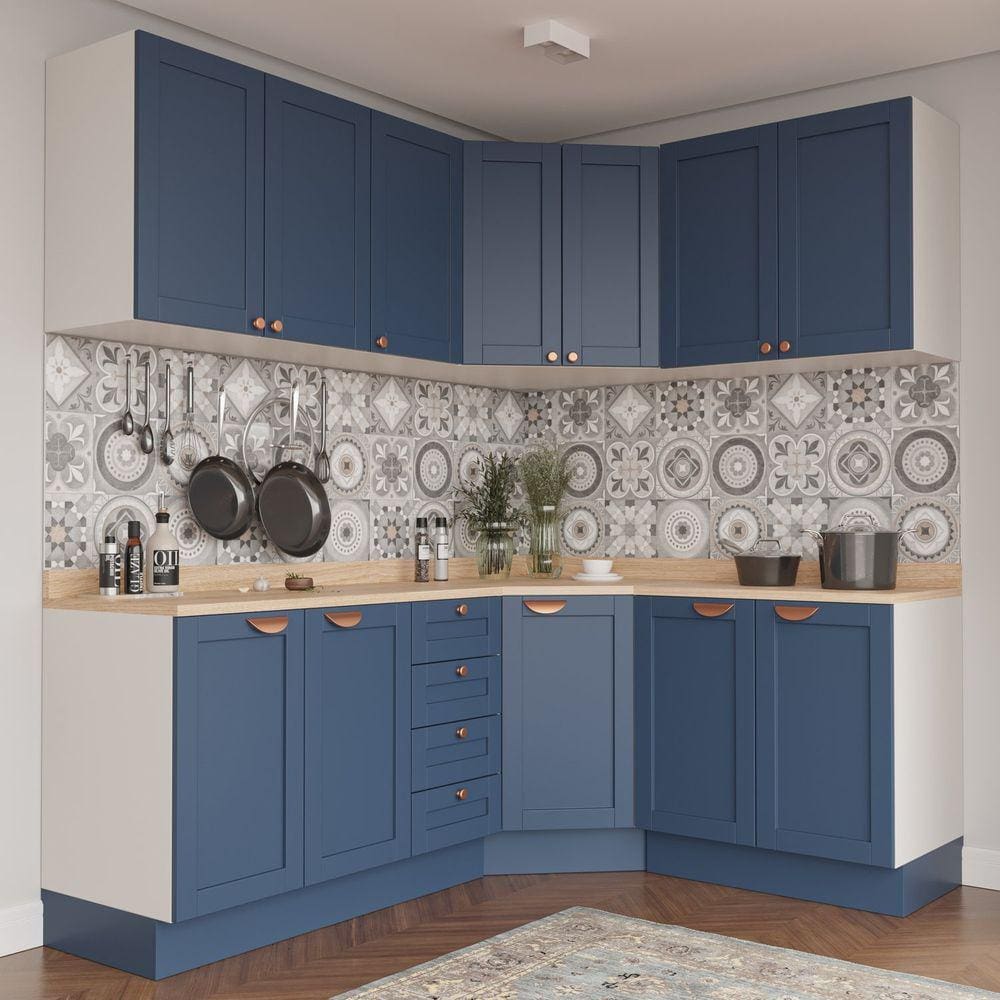 Cozinha Modulada 6 Peças com Tampo 3 Aéreos e 3 Balcões Arizona CabeCasa MadeiraMadeira Branco/Azul