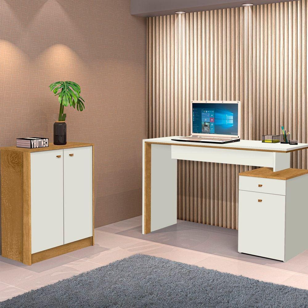 Conjunto Home Office 2 Peças Escrivaninha 120cm com Balcão J&A Móveis Freijó/Off White