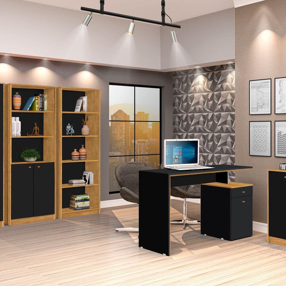 Conjunto Home Office 5 Peças 1 Escrivaninha 120cm 1 Balcão 2 Estantes 1 Armário J&A Móveis Marrom/Preto
