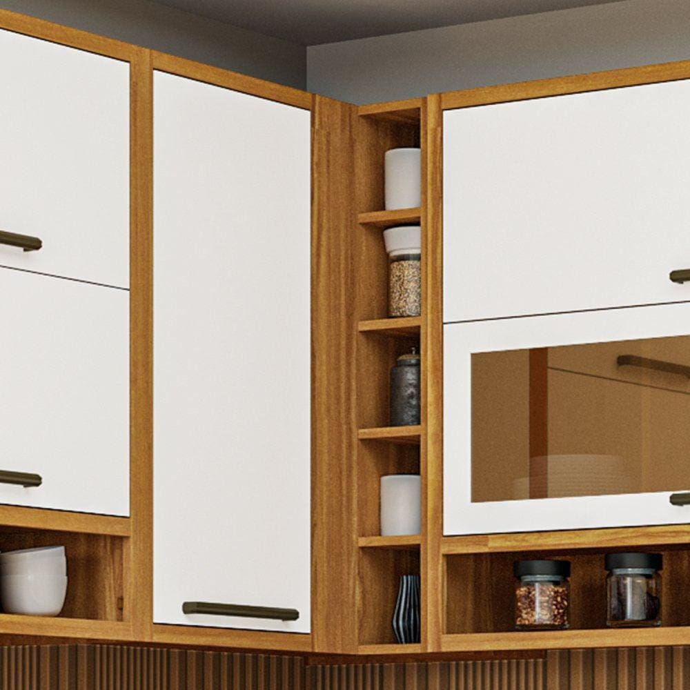 Armário Aéreo de Cozinha Canto Reto com 1 Porta e Mini Adega 100% Mdf Vicenzaespresso Móveis Amêndoa/Branco