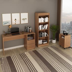 Conjunto Home Office 3 peças 1 Mesa para Escritório 1 Gaveteiro 1 Estante Espresso Móveis Amendoa