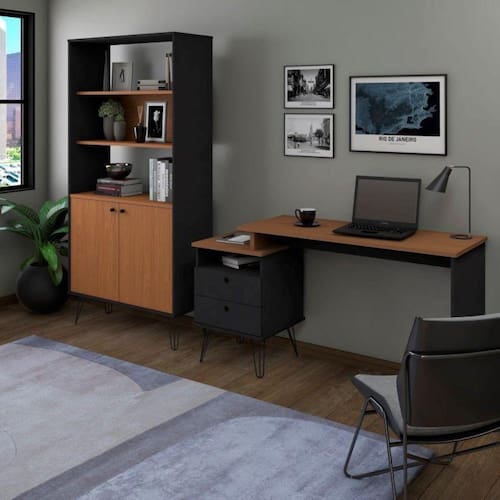 Conjunto Home Office Industrial Escrivaninha 2 Gavetas com Estante Alta Artany Freijó/Preto