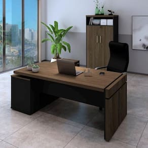 Conjunto Home Office 2 Peças 1 Mesa em L Diretoria Tampo Tamburato com 1 Armário Alto Artany Charuto/Preto