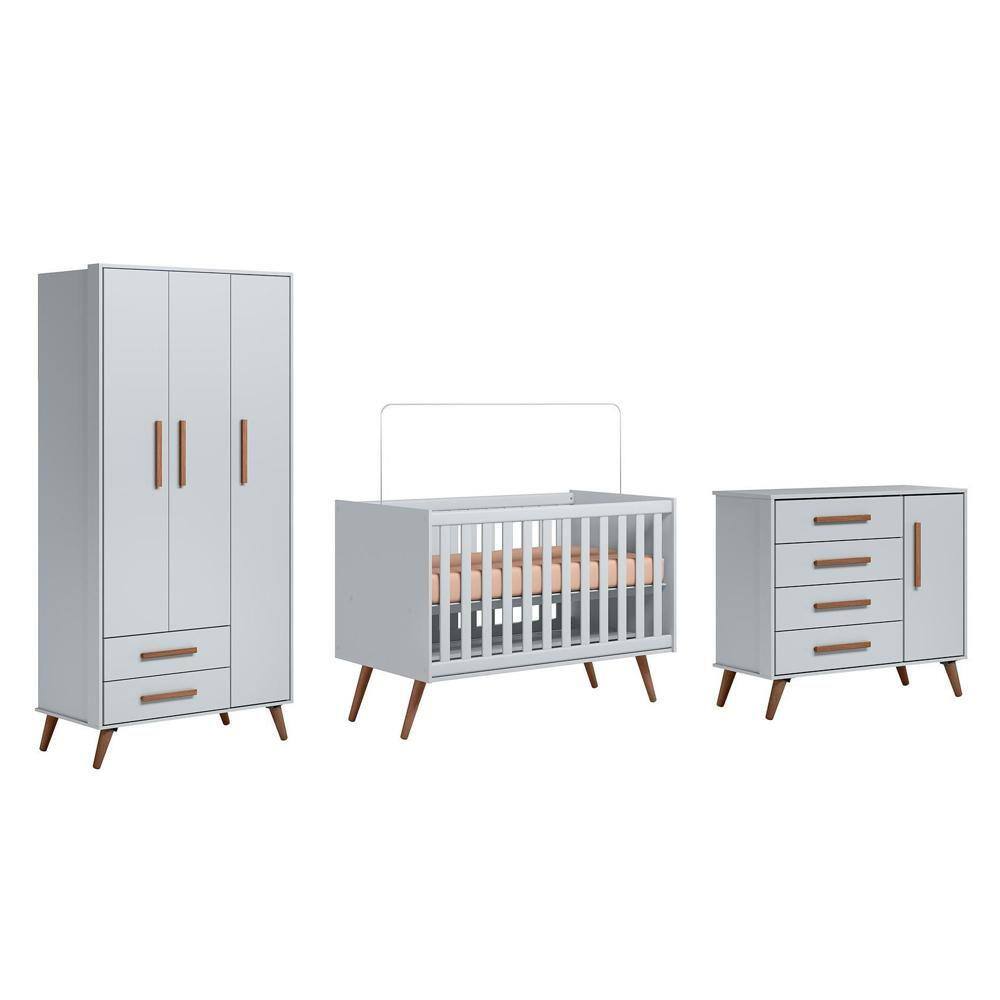 Berço Mini Cama + Guarda Roupa Infantil 3 Portas + Comoda Sapateira Retro - Cinza