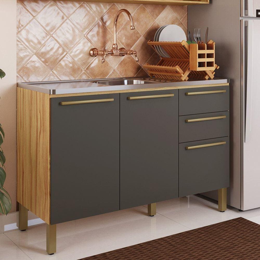 Balcão de Cozinha para Pia 120cm com 3 Portas 2 Gavetas sem Tampo 100% Mdf Itália Amêndoa/Cinza