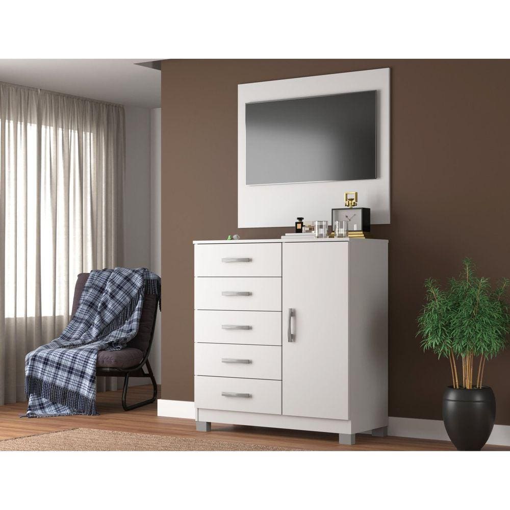 Cômoda Sapateira 1 Porta 5 Gavetas com Pés + Painel Tv até 43 Polegadas Branco