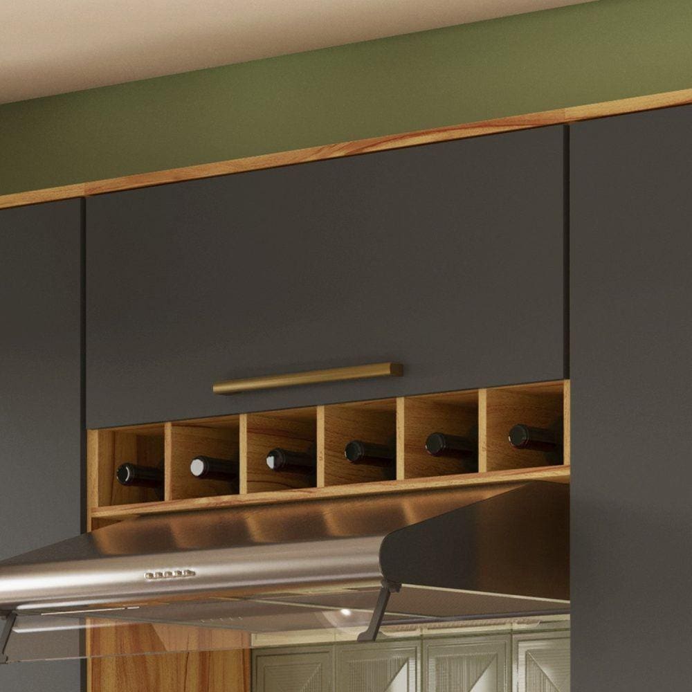 Armário Aéreo de Cozinha 80cm com 1 Porta Basculante e Mini Adega 100% Mdf Itália Amêndoa/Cinza