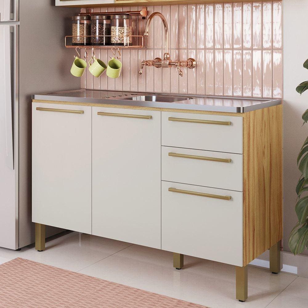 Balcão de Cozinha para Pia 120cm com 3 Portas 2 Gavetas sem Tampo 100% Mdf Itália Amêndoa/Off White