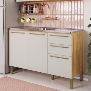 Balcão de Cozinha para Pia 120cm com 3 Portas 2 Gavetas sem Tampo 100% Mdf Itália Amêndoa/Off White