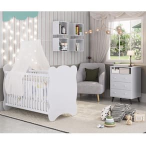 Quarto de Bebê Completo com 1 Berço e 1 Comoda Panda Móveis Percasa Branco