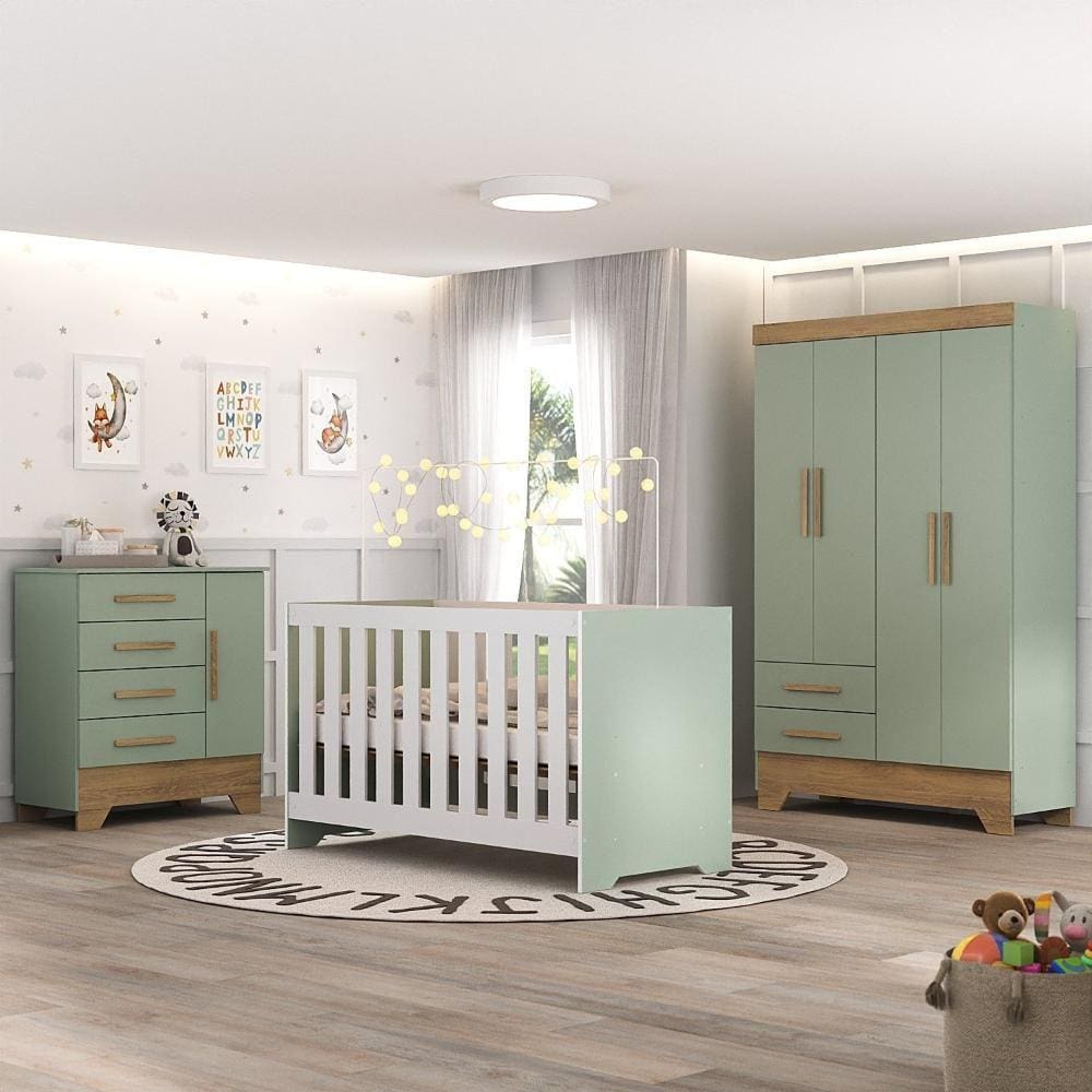 Quarto de Bebê Completo Guarda Roupa 4 Portas 2 Gavetas com Cômoda e Berço Lily Espresso Móveis Verde Fosco/Nature