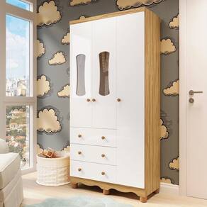 Guarda-Roupa de Bebê 2 Portas com Janela 3 Gavetas 100% MDF Lana Espresso Móveis Branco Brilho/Amêndoa