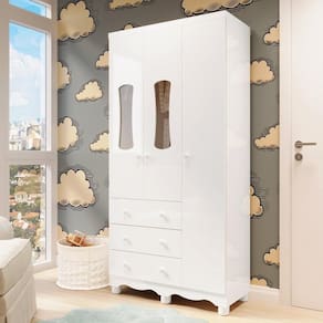 Guarda-Roupa de Bebê 2 Portas com Janela 3 Gavetas 100% MDF Lana Espresso Móveis Branco Brilho