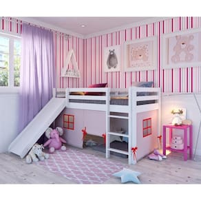 Cama Alta Kids com Escorregador e Tenda em Madeira Maciça/MDF Branco/Rosa