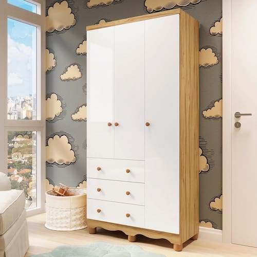 imagem-Guarda-Roupa de Bebê 3 Portas e 3 Gavetas 100% MDF Mimo Espresso Móveis Branco Brilho/Amêndoa