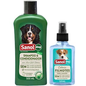 Kit Banho cães: Shampoo com condicionador 2 em 1 e perfume baby para Cachorro Sanol Dog