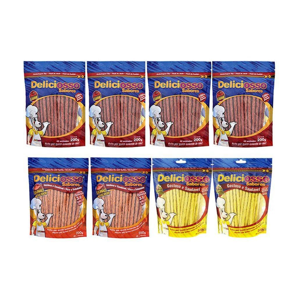 Combo 8 Unidades Petisco Para Cachorro Ossinho Palito Deliciosso Sabores: 4 unidades Carne, 2 Frango, 2 Salmão