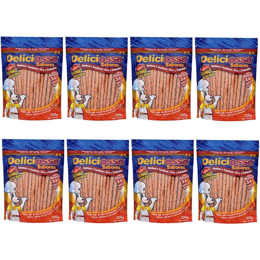 Combo Petisco Palitinho Ossinho Para Cães Deliciosso Palito Natural Fino Salmão - 8 pacotes de 200g cada