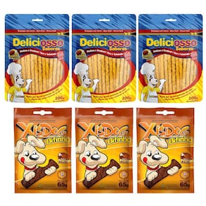 Combo Petiscos de Cachorro: 3 Ossinho Palito Fino Frango Deliciosso 200g E 3 Bifinho Xisdog Frango 65g