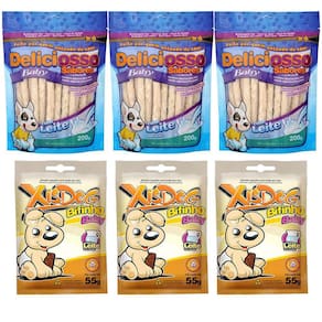 Combo Petiscos de Cachorro Filhote: 3 Ossinho Palito Deliciosso Baby 200g E 3 Bifinho Xisdog Baby 55g
