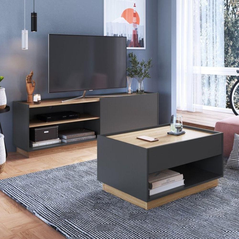 Sala de Estar Completa Rack Asti para TV até 60 Polegadas com Mesa de Centro Bari Completa Móveis Grafite/Oak