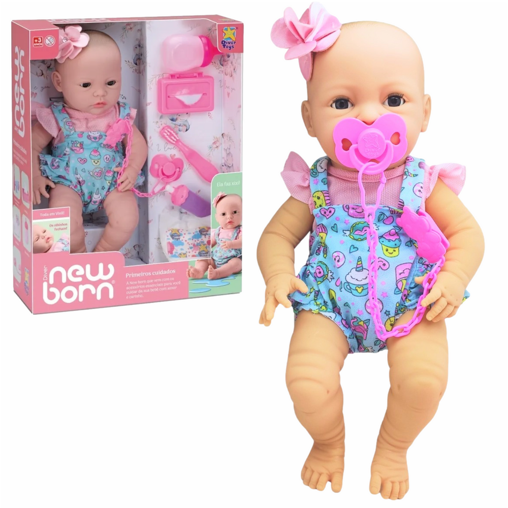 Brinquedo Boneca New Born Primeiros Cuidados Faz Xixi Abre Fecha Olhos Divertoys