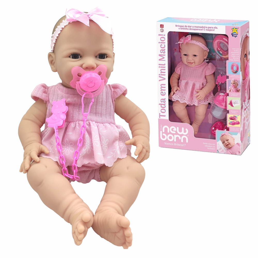 Brinquedo Boneca New Born Vamos Brincar? Mamadeira Mágica Chupeta Chocalho Divertoys